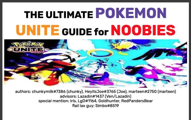 Photo of the original Pokemon Unite Guide document headline section. Header image in this document is warped and degraded in quality.