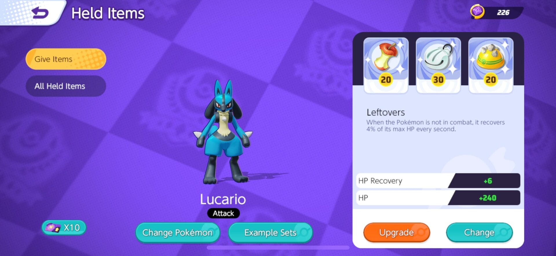 Image of Lucario with the held items leftovers, shell bell and rocky helmet selected.