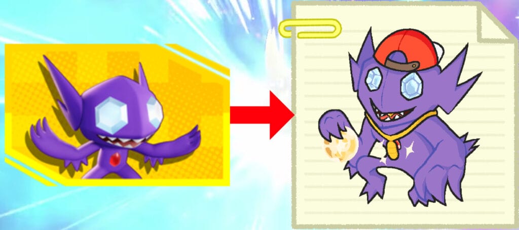 Image of the standard pokemon roster image with an arrow pointing to our updated art style for these images over a background of the Pokemon Scarlet and Violet evolution screen.